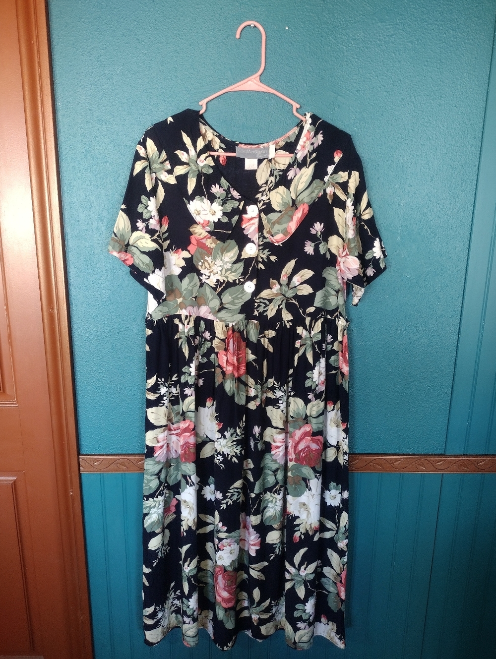 Vintage Carol Anderson California Black Floral Midi Dress Pink & Green Blooms
